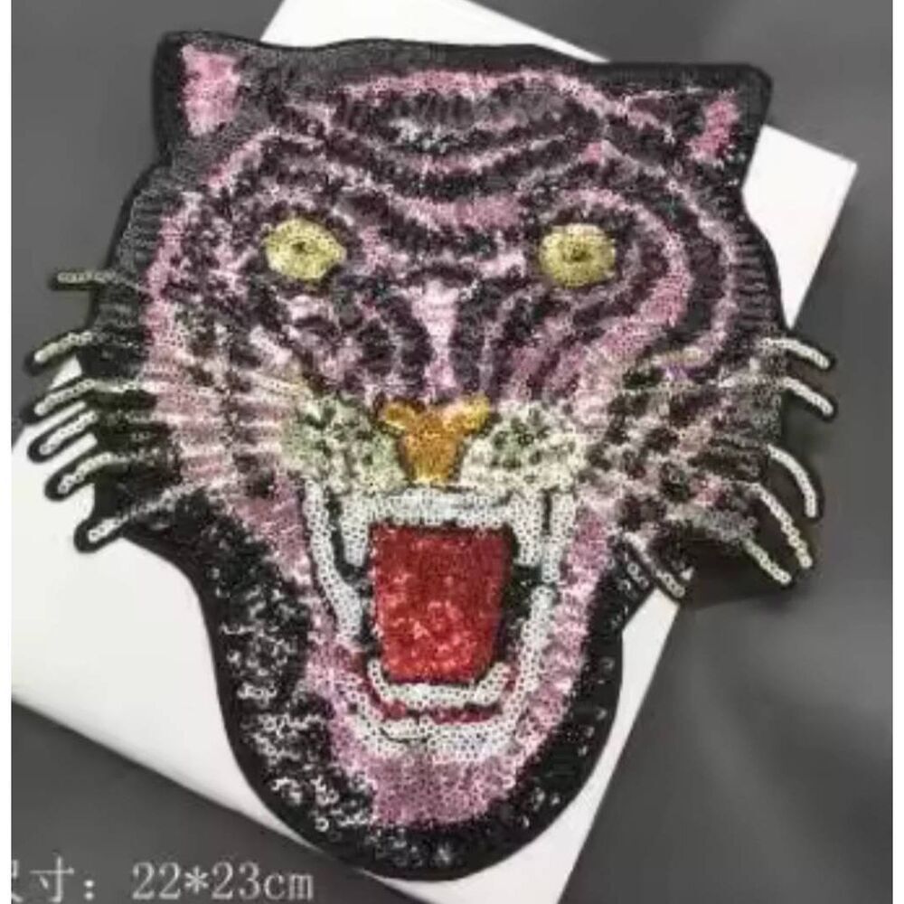 Large Sequin Pink Tiger Cat Applique Sew-On 10" x 7"
